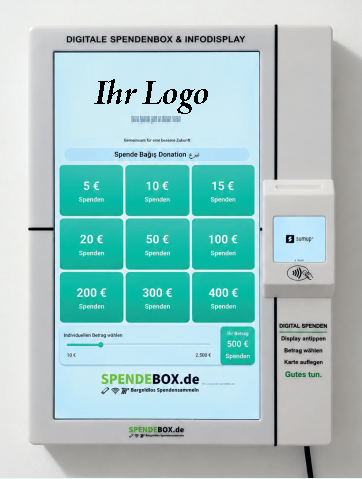 SPENDEBOX Digital Werbedisplay 21 Zoll – digitale Spendenbox mit Touchscreen, Infotafel und Werbedisplay
